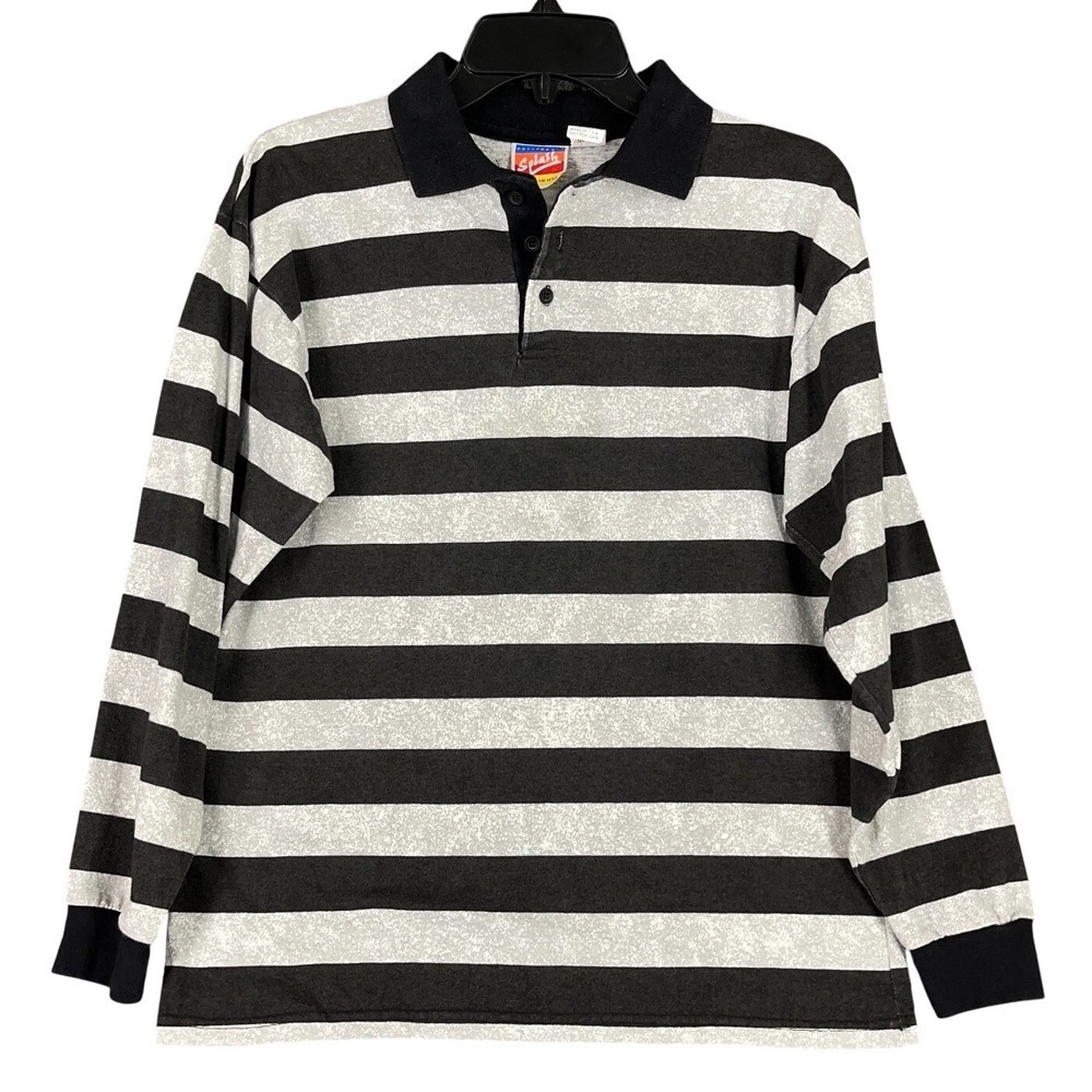 Vintage 80s‎ Splash Polo Shirt Boys L Black White Cotton Long sleeve Skater Surf